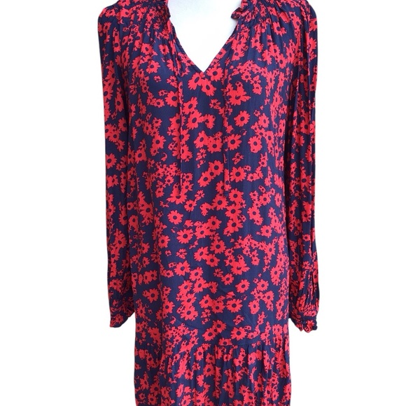 Loft Floral Tie Neck Flounce Dress Size Medium - Picture 5 of 9